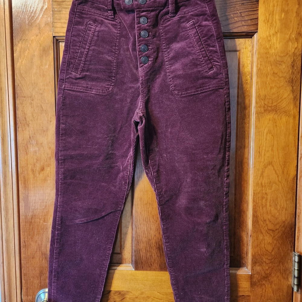 Burgundy Corduroy Pants with Button Detail
